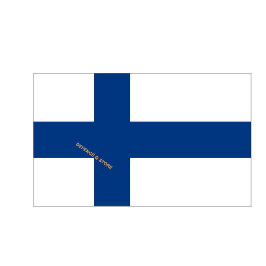 The flag of Finland, blue for the Finnish lakes and white for the snow.  The Identification of Finland as a Scandinavian nation is reflected clearly within its design. The country had been conquered by Sweden in the 12th Century, and when the opportunity for independence was seized in 1917 with Russia in revolution, the national flag was adopted.  www.defenceqstore.com.au