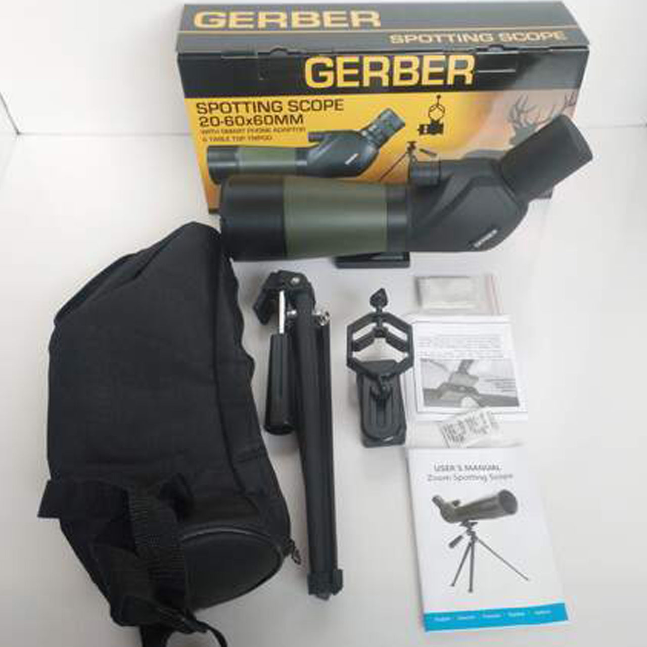 The GERBER 20-60x60mm is one of the most unique spotting scopes in the market. Economical and compact, it offers high magnifications in a 45 degree eyepiece&nbsp;design. The rubber armoured exterior is both, attractive and durable. The mini table-top tripod collapses flat for easy storage. A smooth focus provides crystal clear viewing, and the included carry case stores &amp; protects the Scope when not in use. www.defenceqstore.com.au