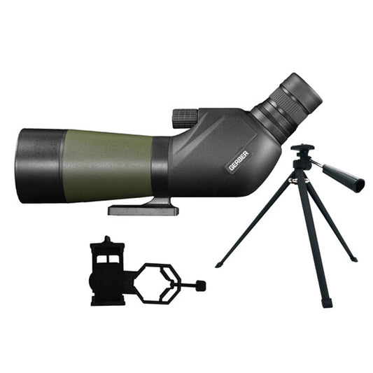 The GERBER 20-60x60mm is one of the most unique spotting scopes in the market. Economical and compact, it offers high magnifications in a 45 degree eyepiece&nbsp;design. The rubber armoured exterior is both, attractive and durable. The mini table-top tripod collapses flat for easy storage. A smooth focus provides crystal clear viewing, and the included carry case stores &amp; protects the Scope when not in use. www.defenceqstore.com.au