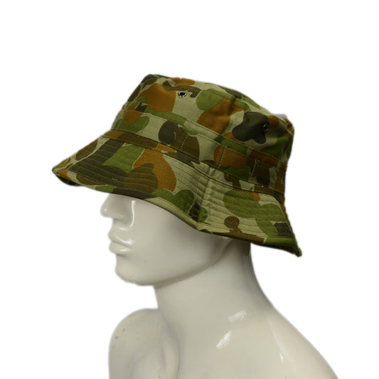 Army style giggle hat with loops on the side to add camouflage or pins.  Colour: Auscam  Material: 100% Cotton  Size: 56-S 58-M 60-L 62-XL www.defenceqstore.com.au
