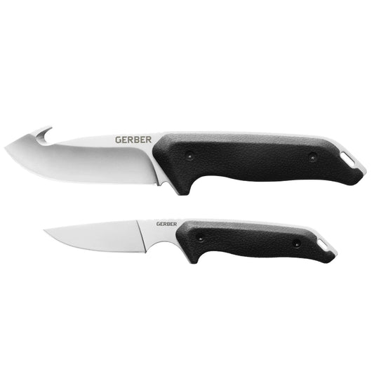 This cleaning kit offers thorough and efficient field dressing, as well as cutting and quartering an animal. The two knife kit has two full tang blades, the larger with a gut hook feature. Both have a moulded rubber handle for comfort and can be sheathed together. www.defenceqstore.com.au