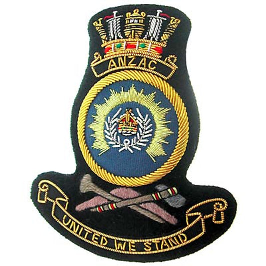Dress to impress with this incredible HMAS Anzac Bullion Pocket Badge! Ideal for your blazer, bag, or anywhere you want to make a statement. Approx. 80x80mm in size with three secure butterfly clasps on the back. A must-have for the fashionably-conscious! www.defenceqstore.com.au