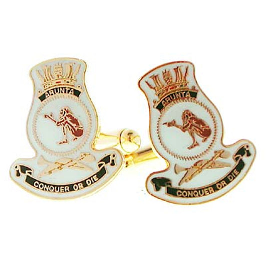 Add a touch of elegance to your wardrobe with HMAS Arunta 20mm full colour enamel cuff links. These stunning gold plated cuff links are ideal for formal or everyday occasions - the final touch to any ensemble! www.defenceqstore.com.au