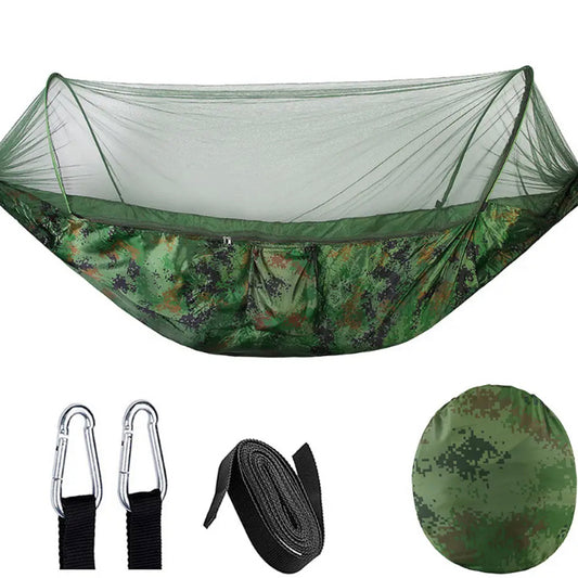 This Hammock With Mosquito Net Tactical Camo is perfect for camping and traveling. It is compact, made of a light weight material with built in very fine mosquito netting, also comes with 2 heavy duty 8cm carabiners, attachment nylon cord with suspenders loops to secure the hammock to the tree line with a carry bag is intergrated into the design. www.defenceqstore.com.au