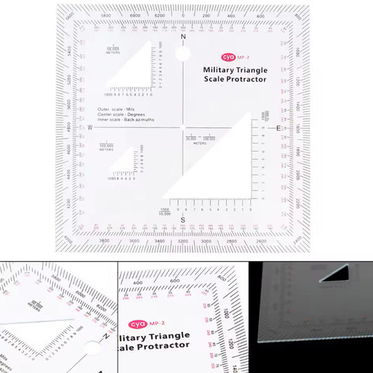 Discover your location and destination with ease during emergencies and while in the field using the Navigation Coordinate Scale Protractor. This military-grade tool, measuring 12.7x12.7cm, accurately displays coordinates when paired with a scaled map. Perfect for military personnel, it allows you to mark your location and endpoint for quick and efficient navigation. www.defenceqstore.com.au