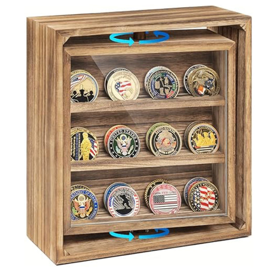 This stylish 390mm x 460mm x 55mm high gloss timber veneer Challenge Coin Display Case by Master Creations is about refined quality. There are seven velvet-backed levels to vividly showcase up to 49 coins and all fittings are finished in gold-plate. The shatter-safe hinged Perspex window will keep coins dust free and the cabinet can be wall mounted and even has a velvet backing to protect your wall surface. www.defenceqstore.com.au