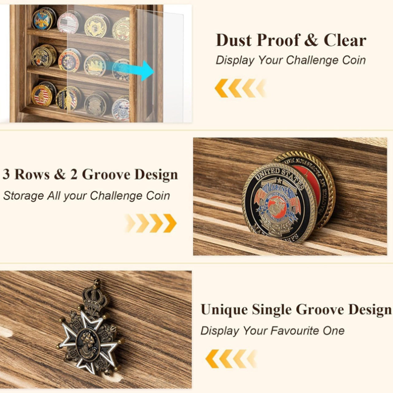 This stylish 390mm x 460mm x 55mm high gloss timber veneer Challenge Coin Display Case by Master Creations is about refined quality. There are seven velvet-backed levels to vividly showcase up to 49 coins and all fittings are finished in gold-plate. The shatter-safe hinged Perspex window will keep coins dust free and the cabinet can be wall mounted and even has a velvet backing to protect your wall surface. www.defenceqstore.com.au