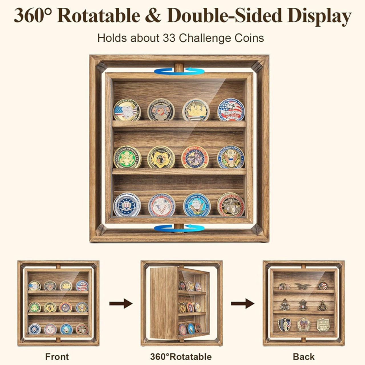 This stylish 390mm x 460mm x 55mm high gloss timber veneer Challenge Coin Display Case by Master Creations is about refined quality. There are seven velvet-backed levels to vividly showcase up to 49 coins and all fittings are finished in gold-plate. The shatter-safe hinged Perspex window will keep coins dust free and the cabinet can be wall mounted and even has a velvet backing to protect your wall surface. www.defenceqstore.com.au