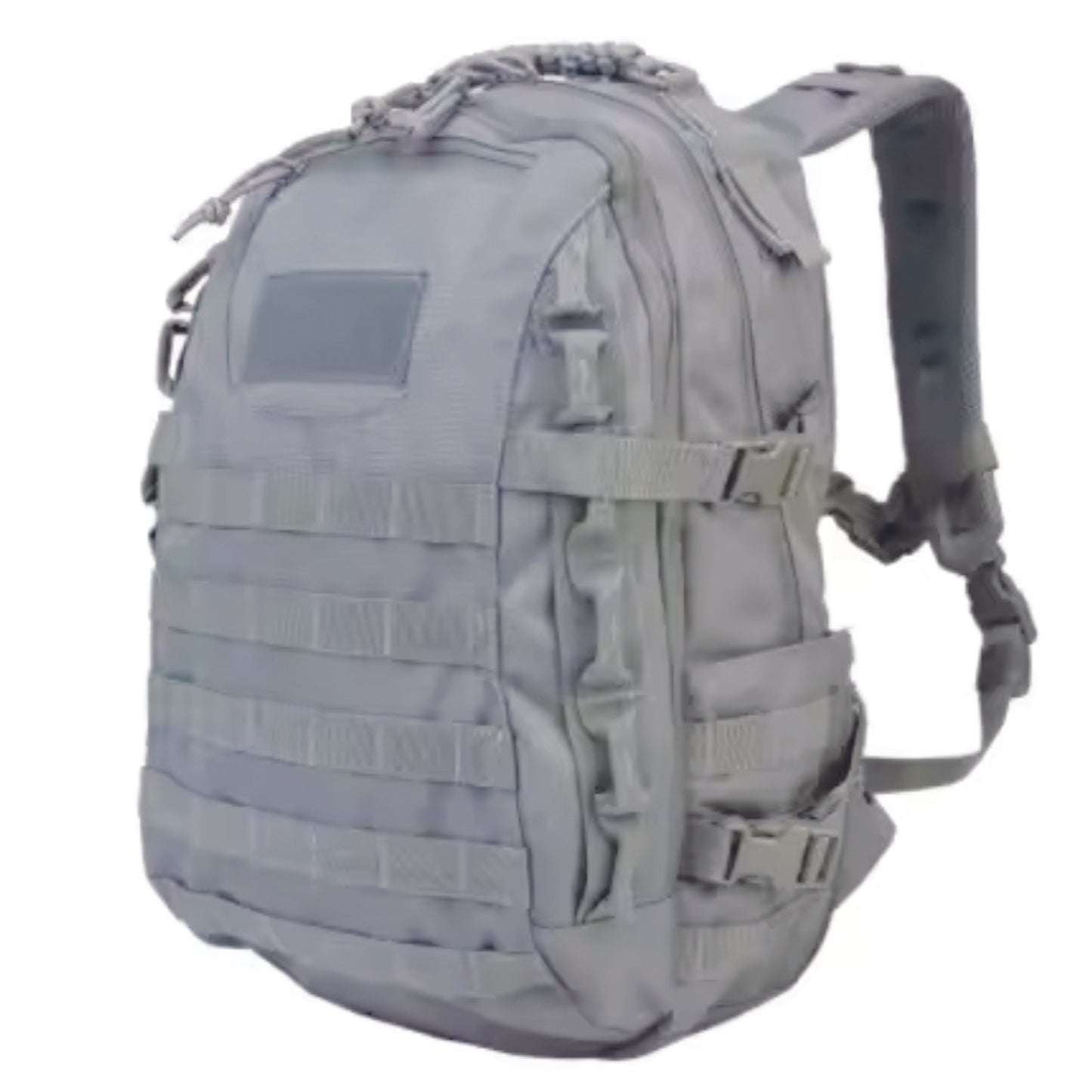The City Tactical 40LT Backpack in Gray is equipped with MOLLE webbing on the front and sides, a small front pouch, full-length middle and back compartments featuring multiple pockets, and Velcro-sealed drink pockets on the sides for secure storage when not in use. www.defenceqstore.com.au