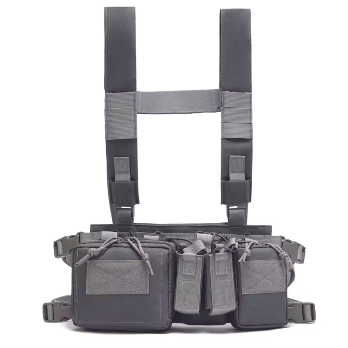 The Stealth OPS Gear Chest Rig Harness in Gray is crafted from durable 500D Nylon, offering strength without the bulk. Its lightweight and compact design ensures maximum mobility and speed with minimal drag. Equipped with four large magazine pouches, two smaller ones, and two front pouches, it’s perfect for airsoft, military drills, and cadet training. Stay agile and prepared with this reliable chest rig. www.defenceqstore.com.au