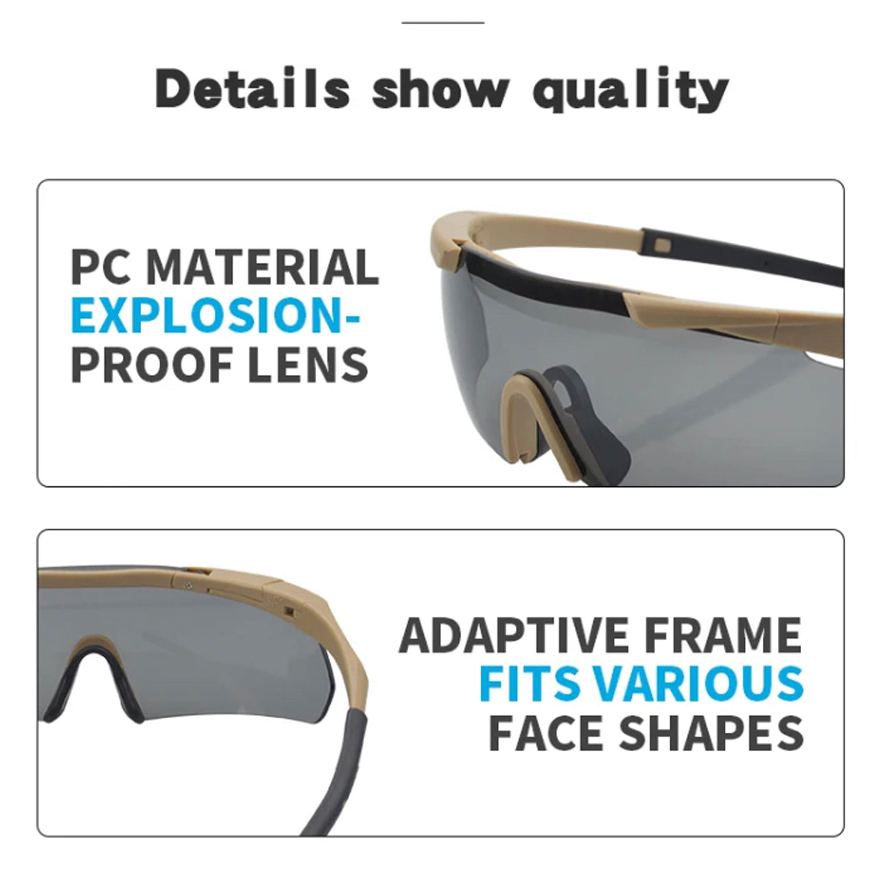 UV Protection multi style Frame style Tactical Eyewear Cycling Hunting Hiking Outdoor sport Military Cadets Frame Material: Acetate Gender: Unisex Lens Width: 155mm Lens Height: 42cm Lenses Optical Attribute: UV400 Frame Color: black, tan, green Lenses Material: PC lens Tactical Glasses www.defenceqstore.com.au