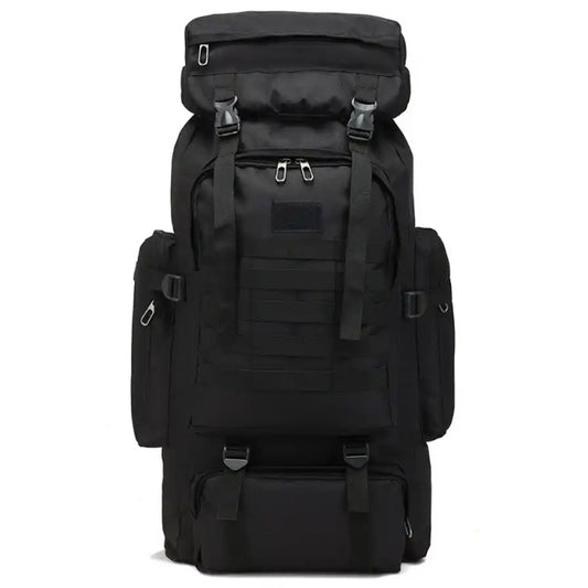 Black Backpack 70LT BY Defence Q Store  70LT capacity  Flap opening  Multipule pockets  MOLLE grid for expanding with pouches and equipment  Measures 72x34x17cm www.defenceqstore.com.au