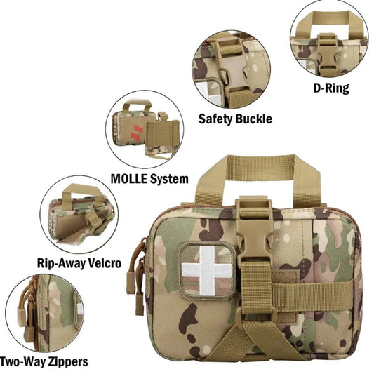 This savvy medical pouch provides you with plenty of room to store your essential medical supplies. Inside, there's a meshing compartment for items you need to access quickly, plus two elastic straps that will keep fast items secure. www.defenceqstore.com.au break down of details of pouch