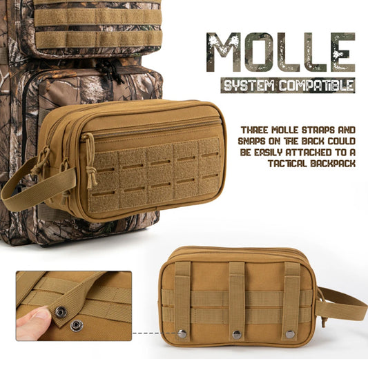 This Toiletry Bag is MOLLE capable and can be used for other gear, it's a must-have for any traveler. With dimensions of 15cm (H) x 26cm (W) x 11cm (D), it's perfect for storing toiletries and accessories. Made from 900D fabric material, it boasts a sleek and durable design. The side carry handle, front pocket compartment with closeable zip, and top zip closure make it a convenient and stylish choice. www.defenceqstore.com.au