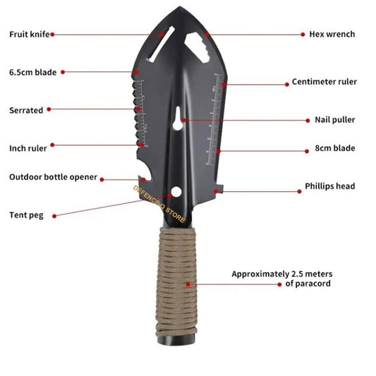 This portable trowel has many features that regular trowels don't have: Shovel Blade, Saw, Ruler, Nail Extractor, Hex Wrench, Paracord.  This shovel is made of stainless steel. Extremely durable, bend resistant, and has a lot of levering power. The blade is rust and scratch resistant, stays razor sharp and you can wash it easily. www.defenceqstore.com.au
