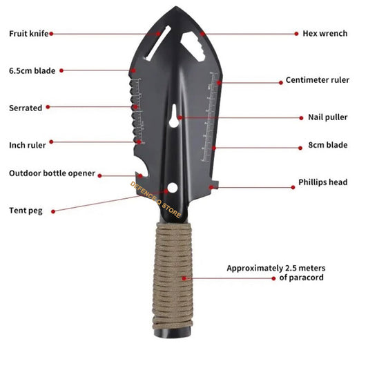 This portable trowel has many features that regular trowels don't have: Shovel Blade, Saw, Ruler, Nail Extractor, Hex Wrench, Paracord.&nbsp;&nbsp;This&nbsp;shovel is made of stainless steel. Extremely durable, bend resistant, and has a lot of levering power. The blade is rust and scratch resistant, stays razor sharp and you can wash it easily. www.defenceqstore.com.au