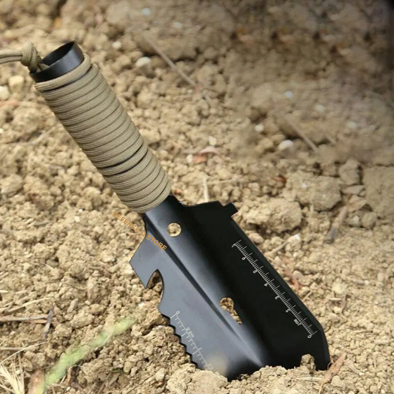 This portable trowel has many features that regular trowels don't have: Shovel Blade, Saw, Ruler, Nail Extractor, Hex Wrench, Paracord. This shovel is made of stainless steel. Extremely durable, bend resistant, and has a lot of levering power. The blade is rust and scratch resistant, stays razor sharp and you can wash it easily. www.defenceqstore.com.au