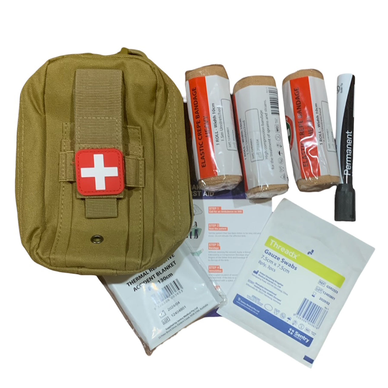 The Snake Bite Kit provides emergency treatment for one person in case of a snake or spider bite. It contains:
3 Heavy Standard Crepe Bandages.
Gauze Swab 7.5cm
Thermal Blanket,
Venomous Bite Guide.
Coyote Combat Pouch 20x9x7cm
Red and white medic morale patch pvc www.defenceqstore.com.au