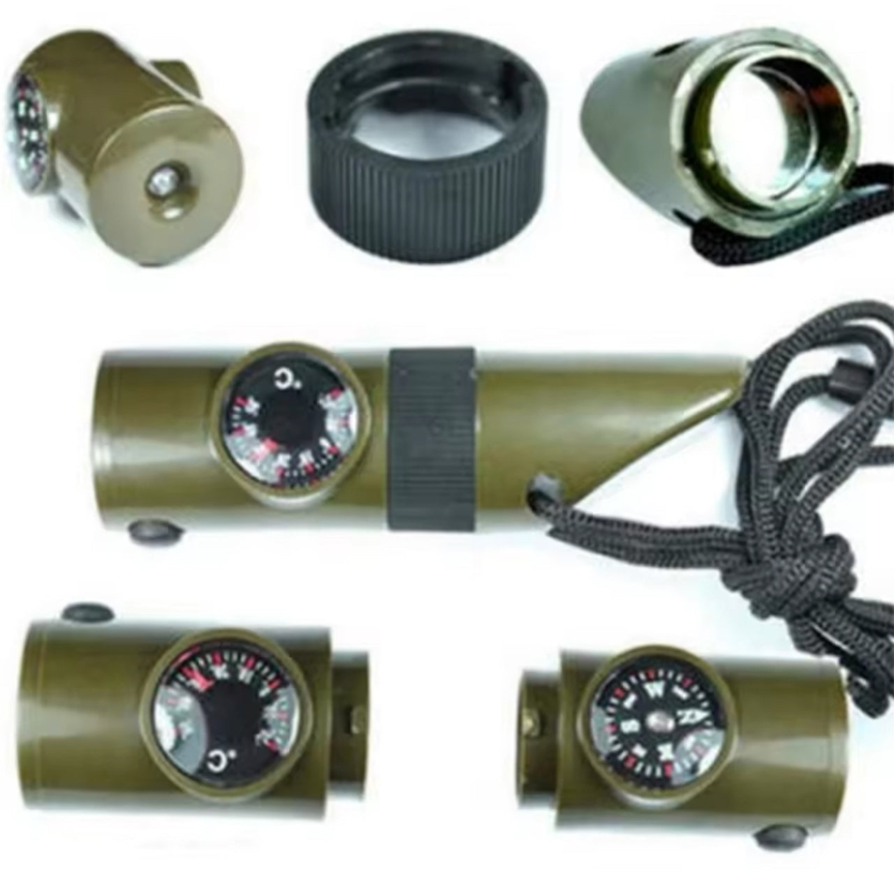 This versatile 7-in-1 whistle offers multiple functions, including an emergency whistle, thermometer, compass, LED light, magnifying glass, reflective signal mirror, and sealed container. Crafted from durable ABS plastic, it is built to withstand the challenges of outdoor adventures. www.defenceqstore.com.au