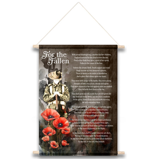 This wall hanging is a stunning montage featuring a lone soldier resting on reversed arms amidst a field of poppies. It includes all seven stanzas from the "For the Fallen" poem penned by Laurence Binyon, first published in "The Times" in September 1914. www.defenceqstore.com.au