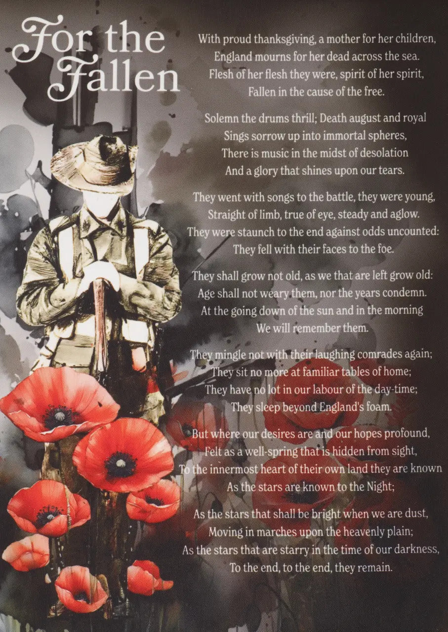This wall hanging is a stunning montage featuring a lone soldier resting on reversed arms amidst a field of poppies. It includes all seven stanzas from the "For the Fallen" poem penned by Laurence Binyon, first published in "The Times" in September 1914. www.defenceqstore.com.au
