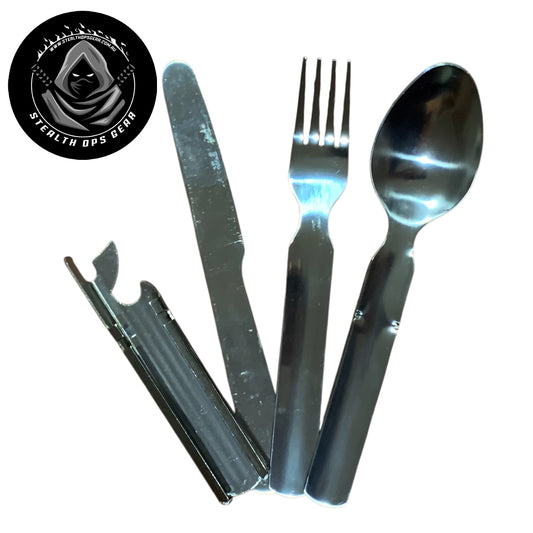 The 4-in-1 chow kit is a lightweight and reliable companion designed to meet the demands of camping, travel, military use, hiking, or motorcycling. Crafted from durable stainless steel, this versatile set includes a knife, fork, spoon, and can opener, all connected by a clever sliding design that keeps everything securely together and easy to carry. www.defenceqstore.com.au