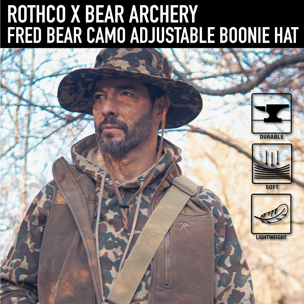 In collaboration with Bear Archery, the revered Fred Bear camouflage pattern comes to life through Rothco’s legendary outdoor apparel and gear, including our Adjustable Boonie Hat. Each item in the Fred Bear Camouflage collection has been crafted using the iconic Fred Bear camo pattern. www.defenceqstore.com.au