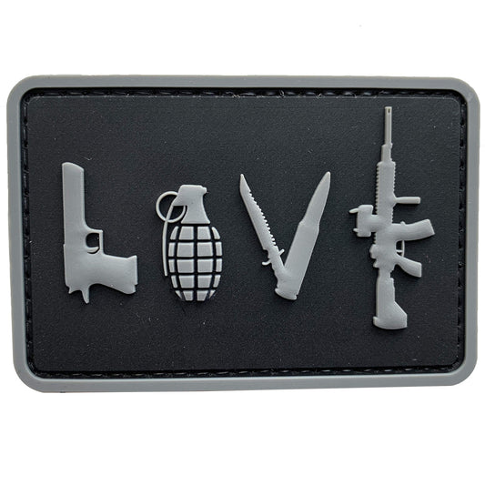 LOVE - Pistol Grenade Knife Rifle PVC Patch, Velcro backed Badge. Great for attaching to your field gear, jackets, shirts, pants, jeans, hats or even create your own patch board. www.defenceqstore.com.au
