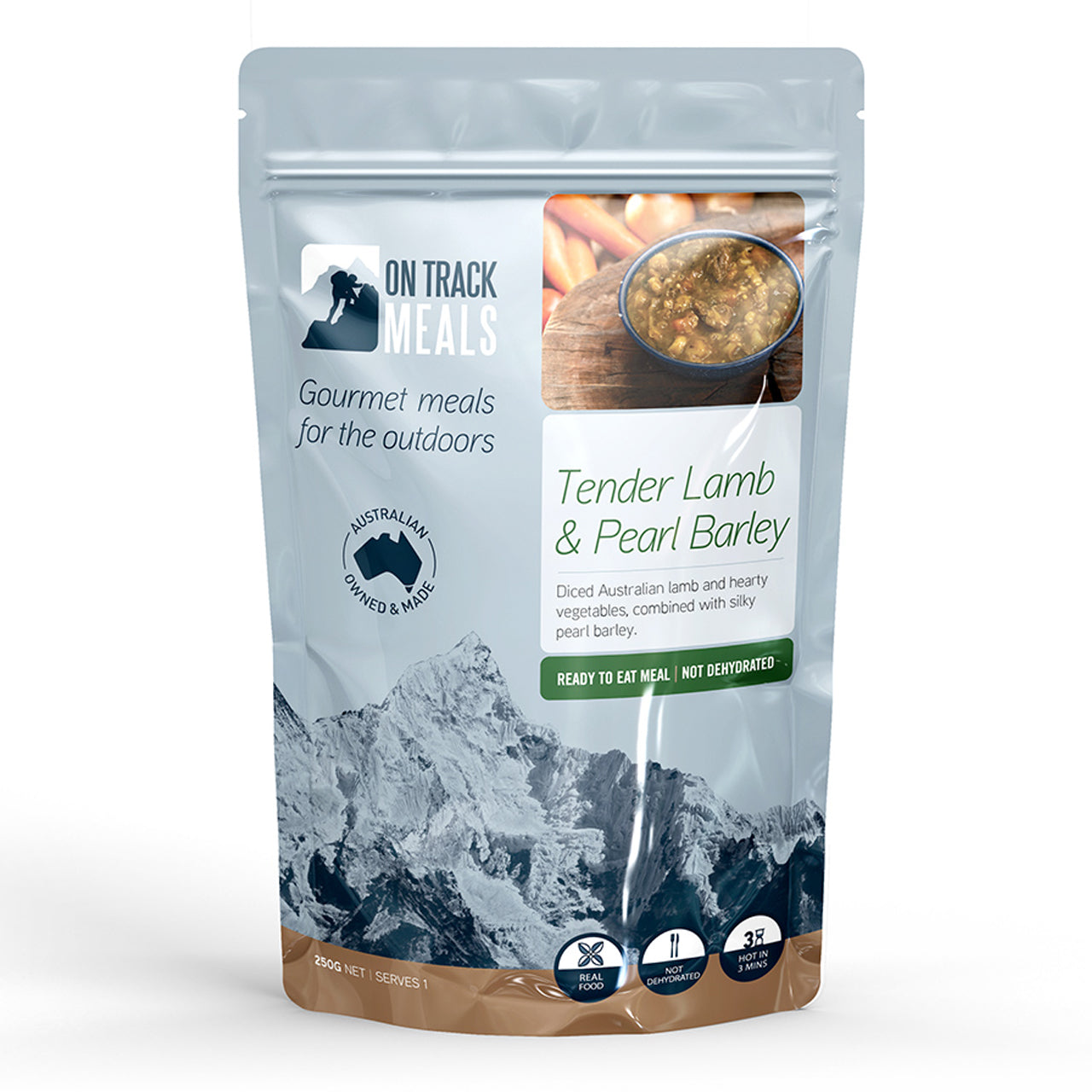 Diced Australian lamb & hearty vegetables, combined with silky pearl barley.
This is a COMPLETE meal with both protein and carbohydrates.
www.defenceqstore.com.au