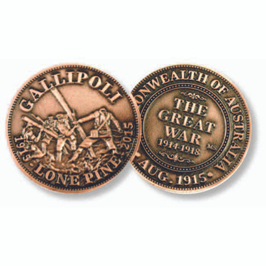 The Lone Pine Centenary Penny In Blister Pack is a must-have for all military enthusiasts. This classical penny features an antiqued copper finish, giving it a vintage and timeless appeal. It is beautifully presented on a Centenary card, making it perfect for collection or gifting. www.defenceqstore.com.au