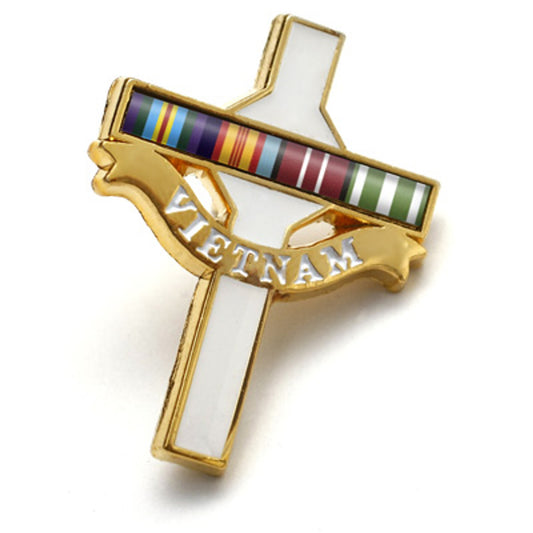 The beautiful Long Tan Cross Lapel Pin On Card from the military specialists. This lapel pin depicts the cross at Long Tan. The gold-plated lapel pin is finished with white enamel and features a full-colour printed insert depicting the ribbons of the Australian Active Service Medal 45-75, the Vietnam Medal and the Vietnamese Campaign Medal. The lapel pin is 27mm high x 22mm wide and is supplied on a presentation card. www.defenceqstore.com.au