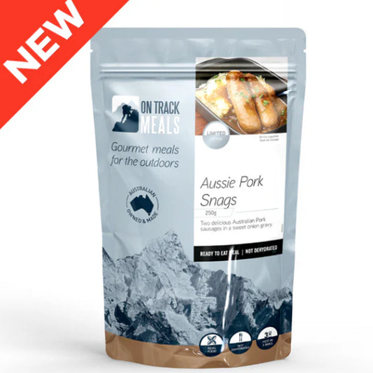 Limited edition — two tasty Aussie Pork Sausages cooked just right, smothered in a sweet onion gravy that’s packed with flavour. Perfect paired with our Pumpkin & Potato Mash or tucked into a piece of bread for a proper feed on your next outdoor adventure. www.defenceqstore.com.au