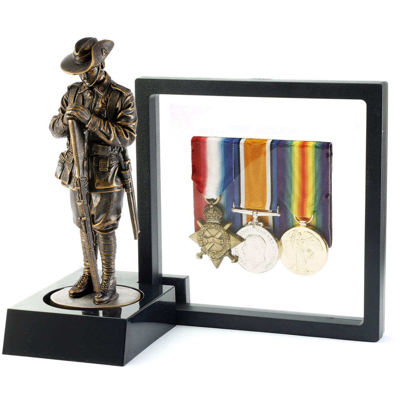 The display stand also accommodates a display frame to showcase photographs, souvenirs or mementos. The frame's contents are suspended between two flexible silicone membranes and appear to be 'levitating' in the frame. Hinges allow easy access to items when they need to be removed from the frame. www.defenceqstore.com.au