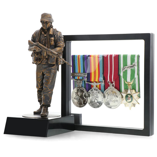 The uniform and equipment worn by this infantryman is representative of Australian servicemen during the conflict in Vietnam. The floppy design of his bush hat, or 'giggle hat', was intended to break up the outline of the head, helping to camouflage the wearer, as well as providing protection from the elements. www.defenceqstore.com.au