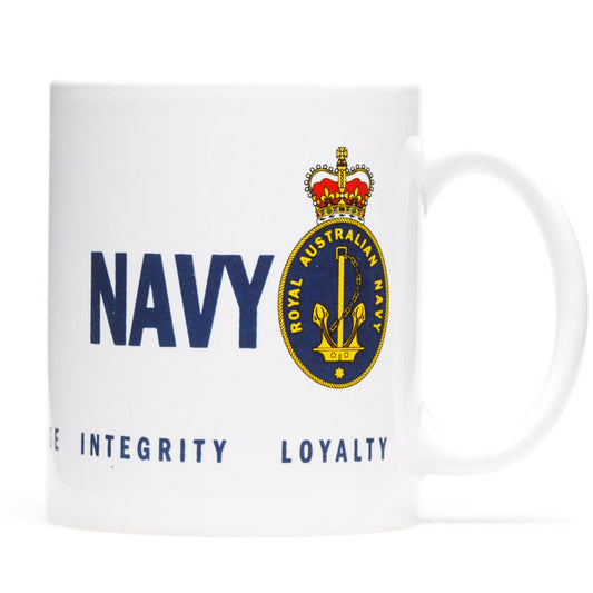 This 330ml coffee mug proudly show cases the Navy brand and values. The perfect promotional gift. Size: Dia 82mm x H 95mm