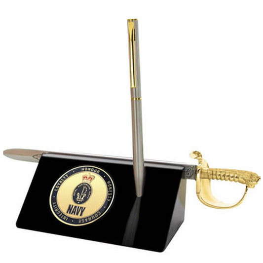 Navy Medallion in a stylish acrylic desk stand with a quality pen and Navy sword letter opener. Presented in a silver gift box with a clear lid, this is the perfect gift to put on the desk at work or at home.. www.defenceqstore.com.au