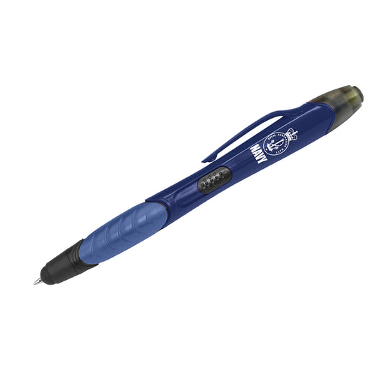Navy branded retractable plastic ball pen with a soft rubber grip, a stylus for use with touch screens and a yellow highlighter. It has a black refill with 400 metres of ink and a tungsten carbide ball for improved writing quality. This comfortable multifunctional pen is a favourite conference and event gift. www.defenceqstore.com.au