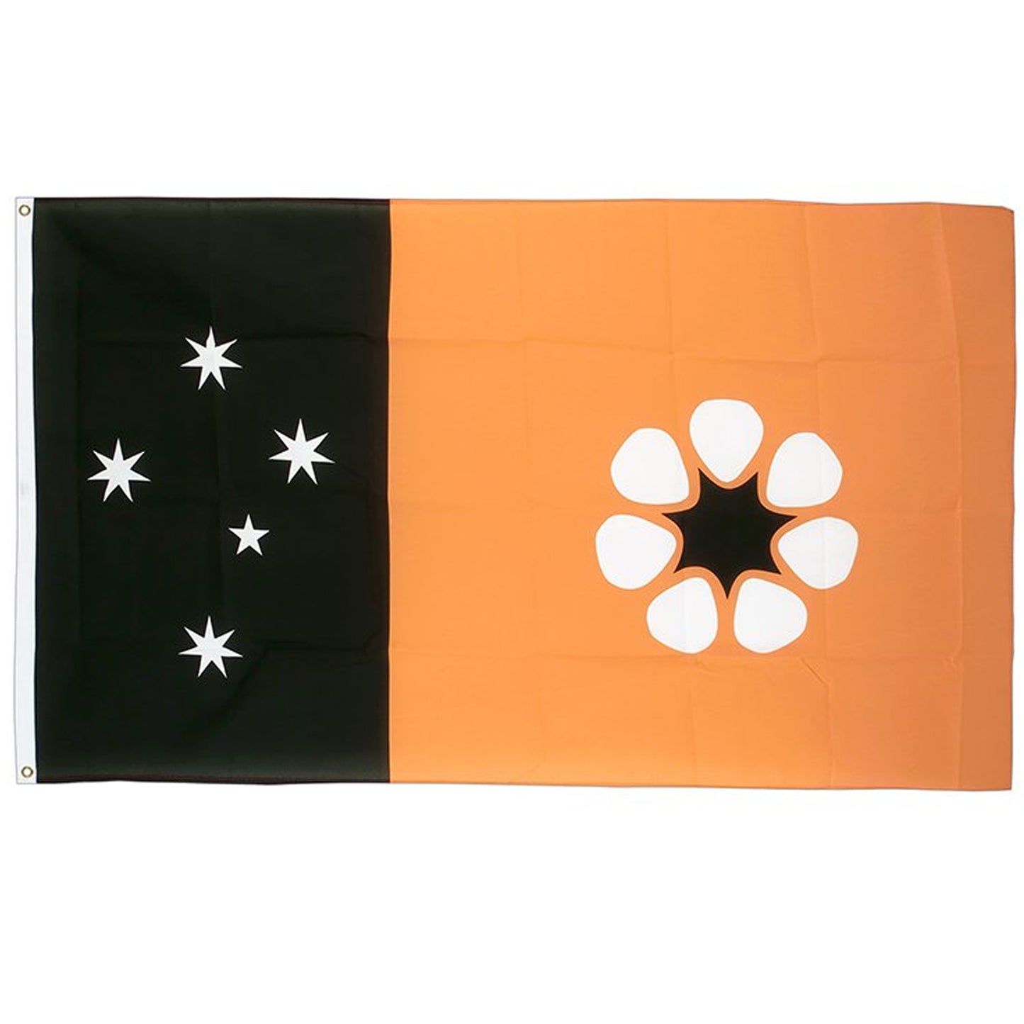 Adopted after self governance was granted on July 1st 1978, this flag consists of the Territorian colours of red, white and ochre. The Southern Cross appears as five white panels stars on a black panel at the hoist, while ochre fills the remainder of the flag. Set on the ochre backdrop in the fly is a Sturts Desert rose, the Territorian Flower – www.defenceqstore.com.au