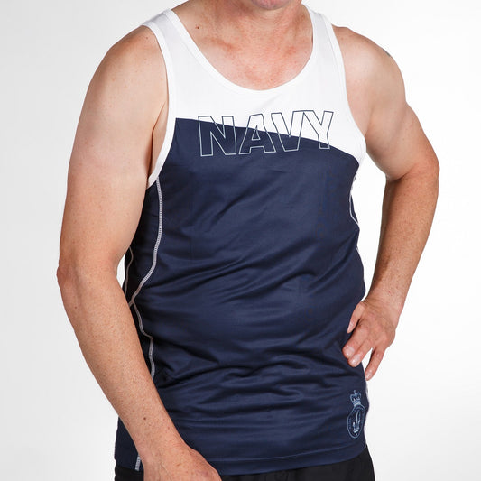 Stay cool during workouts with this Navy Mens Singlet in white and blue. With a great design and sturdy construction, this singlet is great for staying comfortable and dry while you work out or any time you wear it. A fantastic gift for a loved one or add this to your wardrobe today! www.defenceqstore.com.au