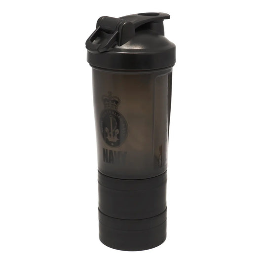 Introducing the Navy Protein Shaker - a versatile and leak proof solution that combines a shaker with a storage compartment. Mix your shakes on the go and enjoy a smooth and precise blend every time, thanks to the included whisk ball and convenient measurement guide. www.defenceqstore.com.au