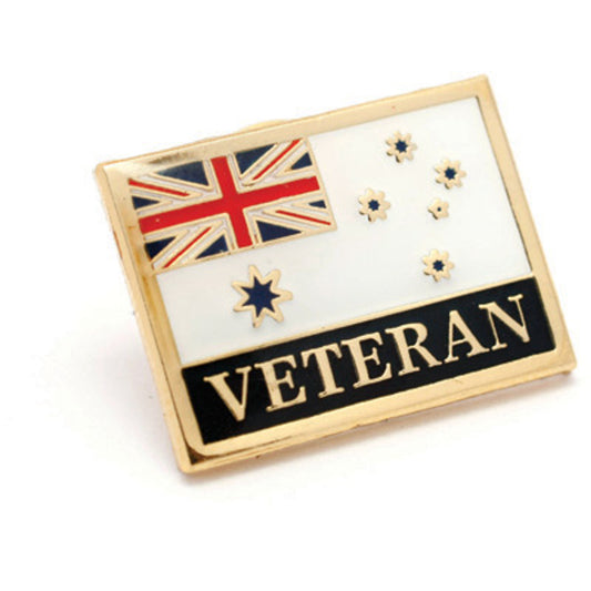 Pay tribute to service with this gorgeous Navy Veteran Flag Badge! This gold-plated lapel pin with stunning full-colour enamel features the word 'Veteran' across its bottom and is a must-have item for former Australian Navy members. Show support and celebrate bravery - add this amazing badge to your lapel collection today! www.moralepatches.com.au