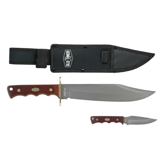 The Old Timer Bowie Fixed Blade Combo is a robust, versatile knife designed for demanding outdoor activities. Featuring a 7.5-inch high-carbon stainless steel blade, this knife delivers excellent edge retention and cutting performance. www.defenceqstore.com.au