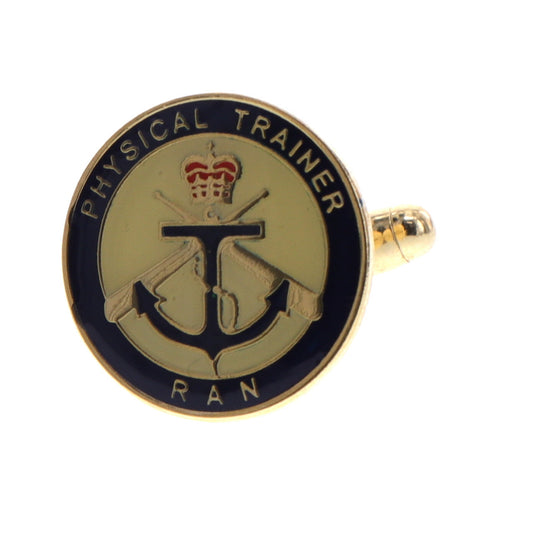 Order the high-quality Physical Trainer Uniform Cuff Link from the military specialists. This gold-plated cuff link features the RAN Crest and the words 'Physical Trainer' along the top, all in full-colour enamel. Show your pride and professionalism with this stylish accessory. Order your cuff link today. www.defenceqstore.com.au
