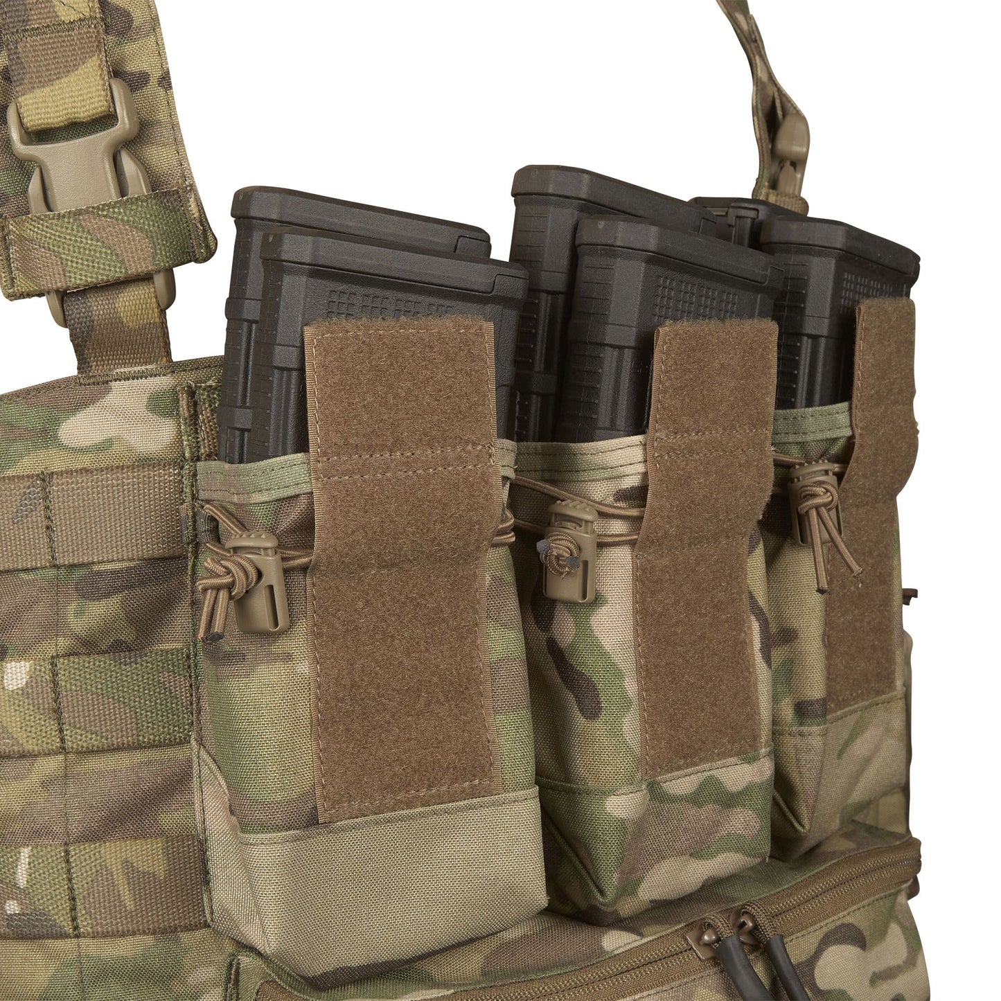 The magazine pouches have adjustable/removable lids to allow larger magazines, such as AK47 mags to be carried or allow easier access to mags by removing the flaps all together. They can also accommodate a pistol, black means (Baofeng) radio or a smoke grenade if required. Bungee retention around the mag pouches provides additional security for stowed items. www.defenceqstore.com.au
where the army shops