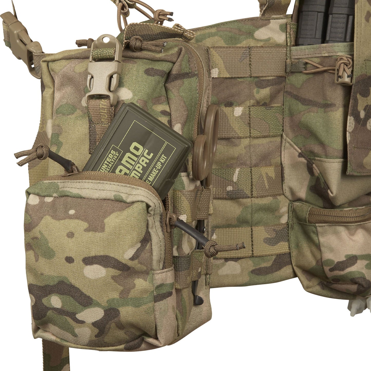 The magazine pouches have adjustable/removable lids to allow larger magazines, such as AK47 mags to be carried or allow easier access to mags by removing the flaps all together. They can also accommodate a pistol, black means (Baofeng) radio or a smoke grenade if required. Bungee retention around the mag pouches provides additional security for stowed items. www.defenceqstore.com.au
where the army shops