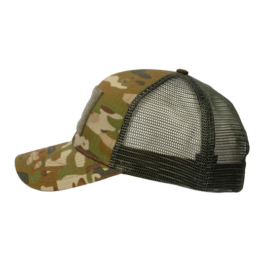 The Mid-Pro Trucker Cap features Genuine TFP 50/50 Nyco Ripstop front crown panels and poly-mesh back panels. The front has a colour-matched 55x75mm Velcro panel for morale patches. Also features a precurved visor, cotton sweatband, adjustable velcro fastener in back, and no button on the top of the cap. www.defenceqstore.com.au