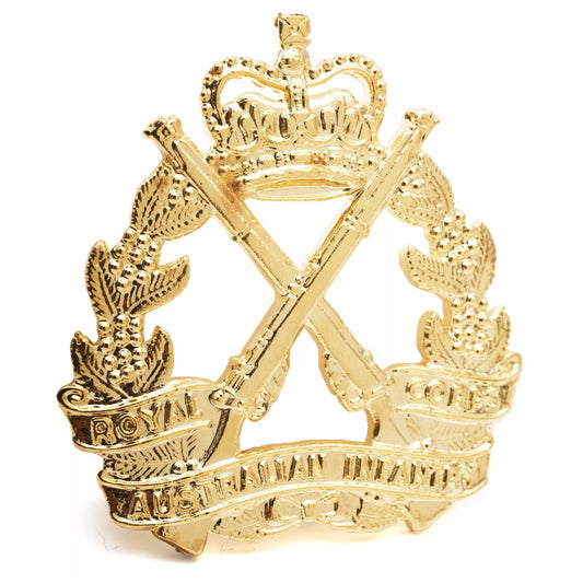 This incredible hat badge makes an impressive addition to your wardrobe or your collection. Emblazoned with the stunning Royal Australian Infantry Corps badge in glossy gold, it will be a standout wherever you show it off. Get this hat badge now to complete your collection! www.defenceqstore.com.au