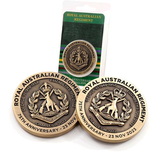 Introducing the 75th Anniversary Royal Australian Regiment Medallion in blister pack - a stunning tribute to a storied history of valour, dedication, and unwavering service. www.defenceqstore.com.au