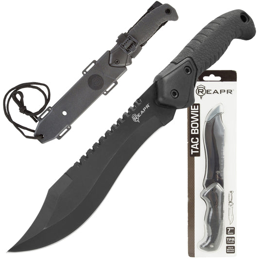 The REAPR 11001 TAC Bowie Knife is perfect for all your camping, hunting, tactical and survival needs. This tough and durable Bowie knife is great for hacking brush, peeling wood for tinder, dressing game, whittling branches and prepping food. www.defenceqstore.com.au