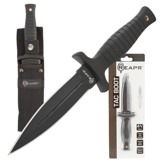 The Reapr 11002 TAC boot knife is the ultimate knife for stealth operations. Designed for hidden carry, this boot knife features a nylon-web sheath with a molded scabbard, allowing for boot, belt, or over-the-shoulder transport. A 4.75” black-oxide coated 420 stainless steel blade has a double edge for maximum efficiency. A rugged hi-grip fiberglass TPR molded handle delivers optimal cutting leverage and precision, as well as comfort. www.defenceqstore.com.au